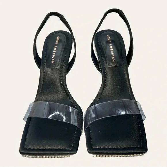 GOOD AMERICAN CRYSTAL CRUSH LUCITE SANDAL STILETTO HEELS WITH RHINESTONES SZ 9 - Picture 6 of 9